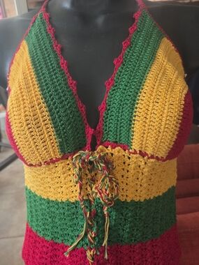 Crocheted Halter Tank with Bold Red, Green & Yellow Stripes.Rasta Colors